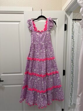 Pink City Prints Lilac Floral Maxi Dress with Bright Pink Trim